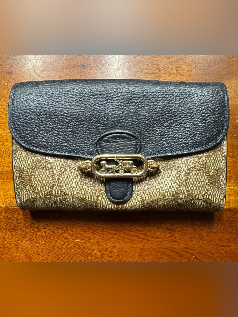 Coach Elle Clutch Purse Handbag Signature Canvas Brown Black Leather Flap